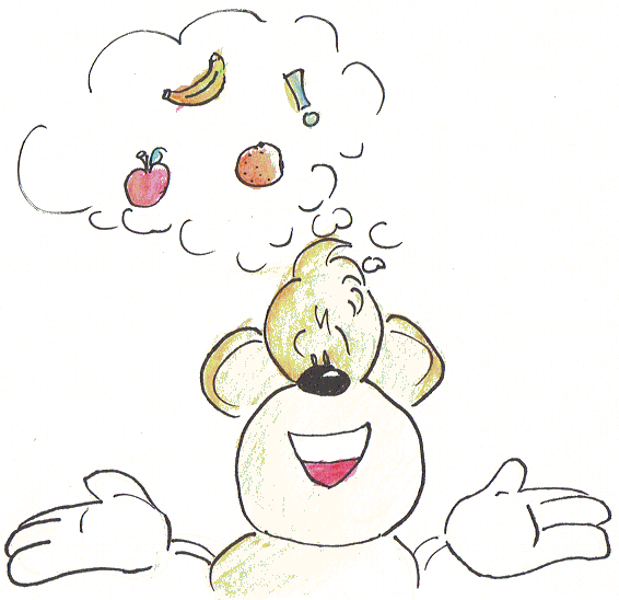 Mimi with three fruits